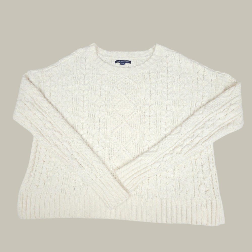 American Eagle Cable Knit Crewneck Sweater Womens Size S White Cotton Blend